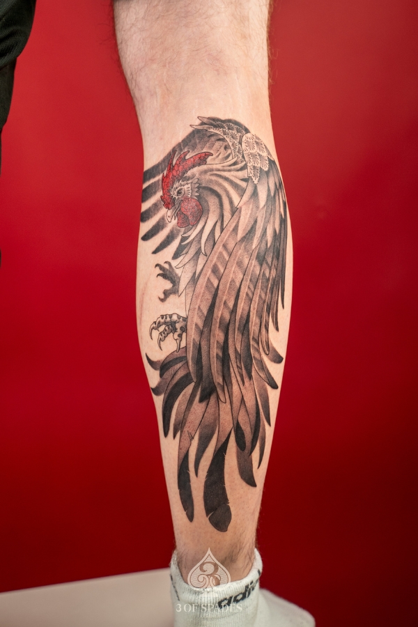 Detailed rooster tattoo on leg featuring sweeping black and grey feathers with red accents on the comb and wattle, created at 3 Of Spades Tattoo Studio in Hanoi.