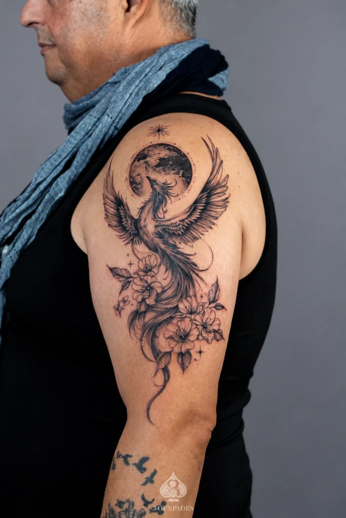 Black & Grey Phoenix Moon Floral Upper Arm Tattoo by raven