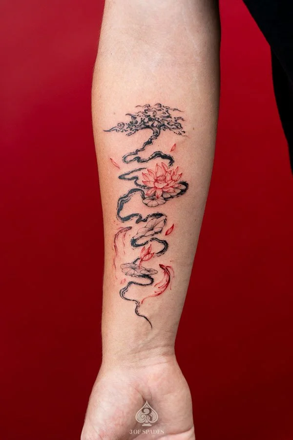 Abstract Tree, Red Lotus & Koi Fish Tattoo