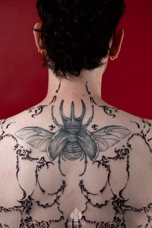 Asemic Scripture Back Tattoo | 3 of Spades Hanoi Tattoo