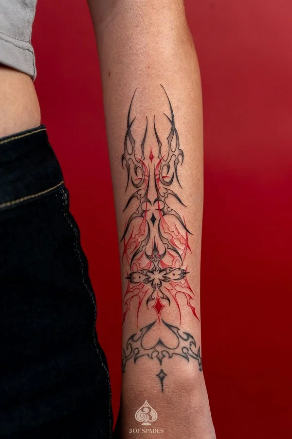Black & Red Sigilism Hand Tattoo