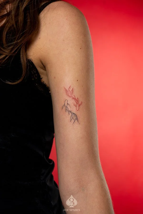 Black and Red Fine Line Koifish Tattoo | 3 of Spades