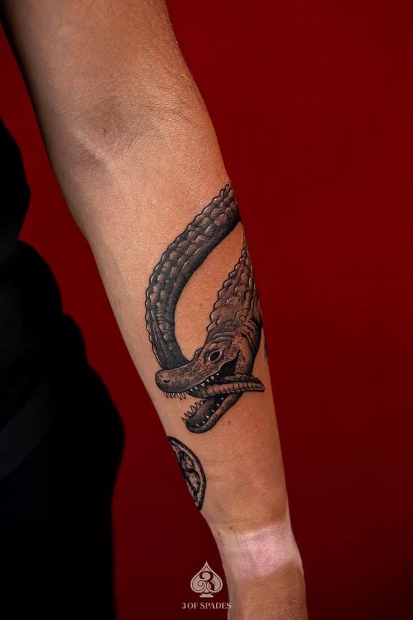 Blackwork Crocodile and Lemon Tattoo