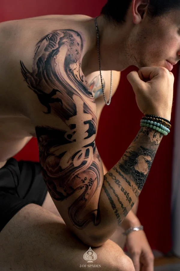 Brushstroke Negative Space Dragon Tattoo | 3 of Spades