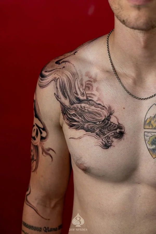 Brushstroke Negative Space Dragon Tattoo | 3 of Spades