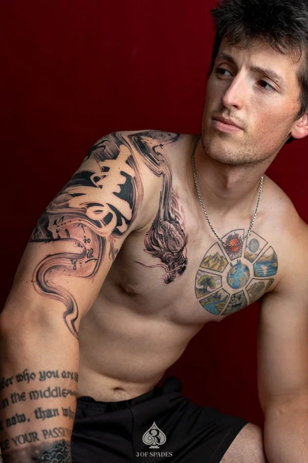 Brushstroke Negative Space Dragon Tattoo | 3 of Spades