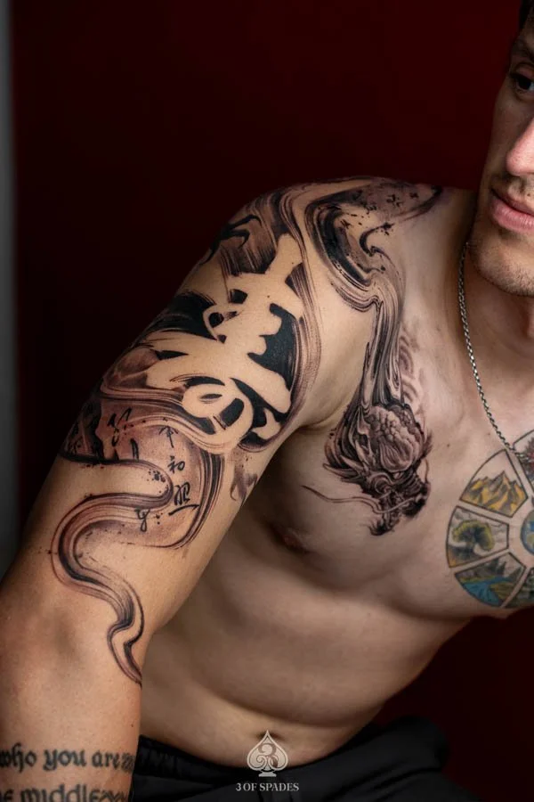 Brushstroke Negative Space Dragon Tattoo | 3 of Spades