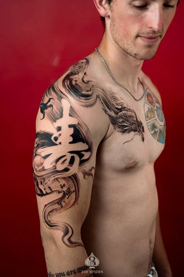Brushstroke Negative Space Dragon Tattoo | 3 of Spades