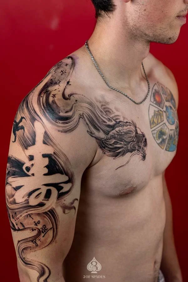 Brushstroke Negative Space Dragon Tattoo | 3 of Spades