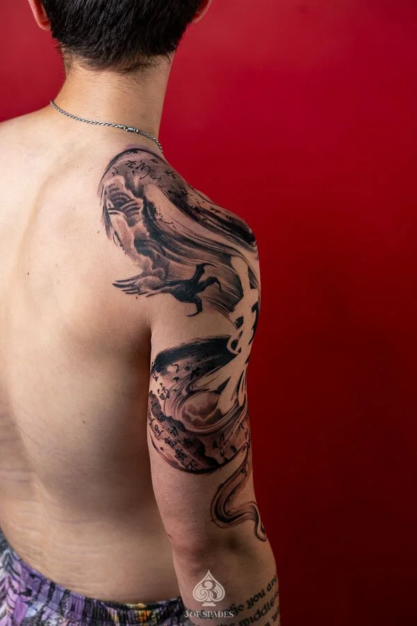 Brushstroke Negative Space Dragon Tattoo | 3 of Spades