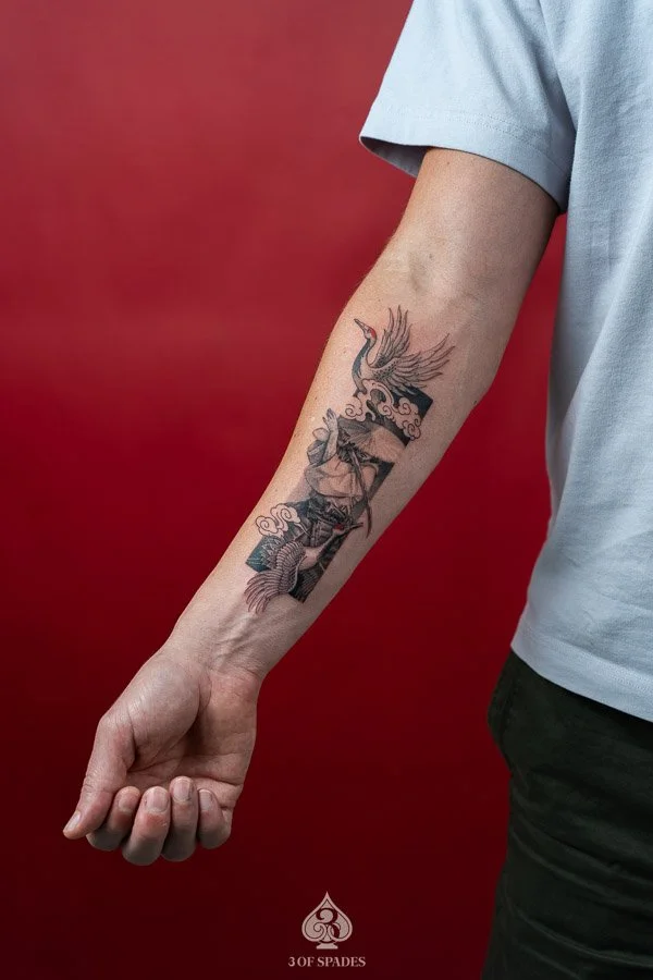 Crane and Warrior Frame Tattoo | 3 of Spades Hanoi