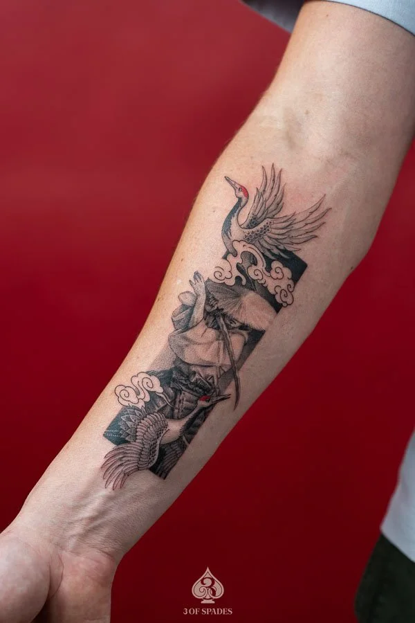 Crane and Warrior Frame Tattoo | 3 of Spades Hanoi