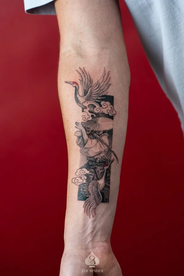 Crane and Warrior Frame Tattoo | 3 of Spades Hanoi