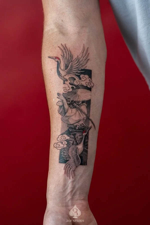 Crane and Warrior Frame Tattoo | 3 of Spades Hanoi