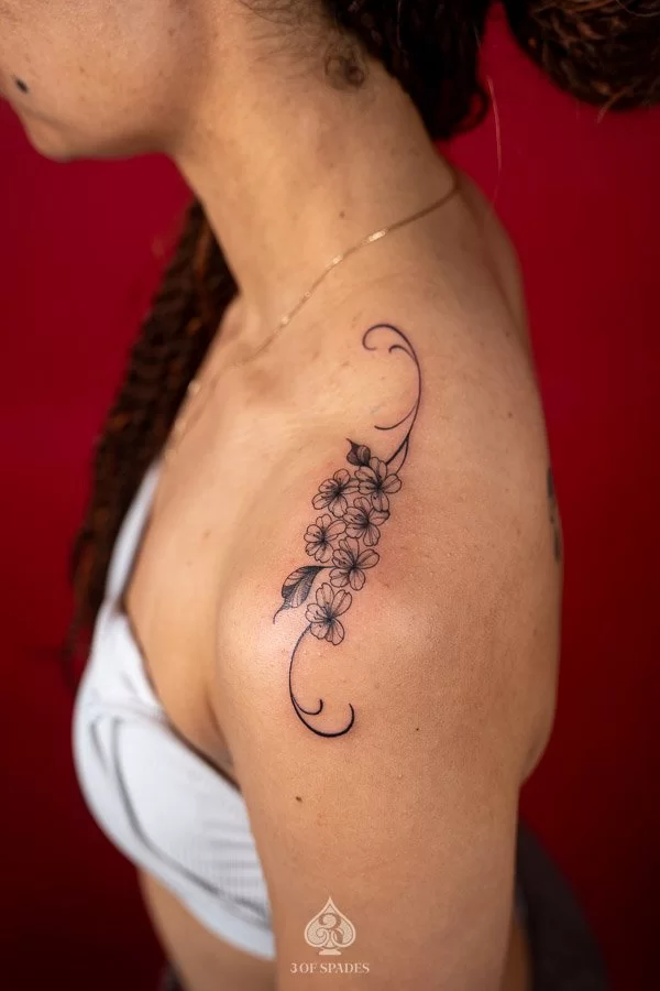 Fine Line Cherry Blossom Vine Tattoo