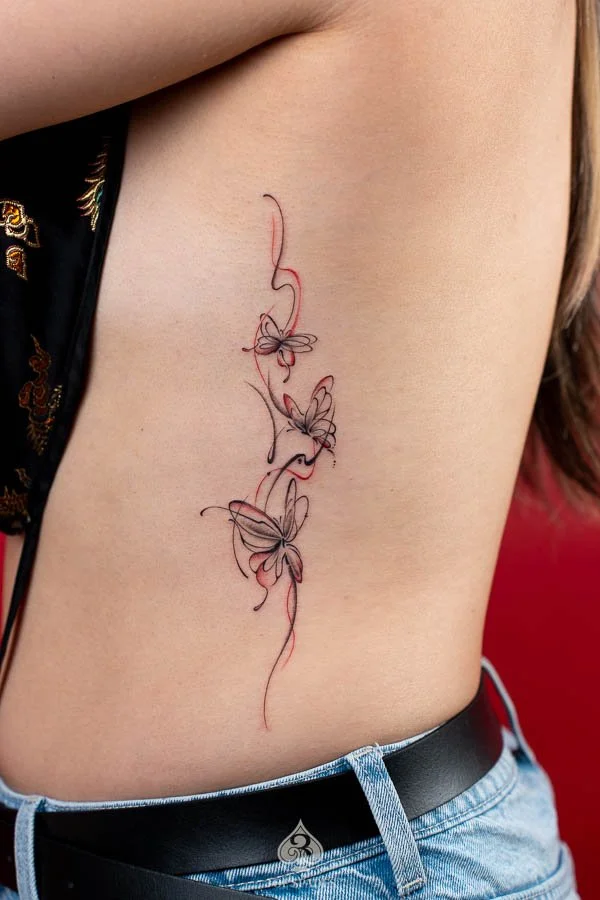 Fine Line Red Butterflies Tattoo