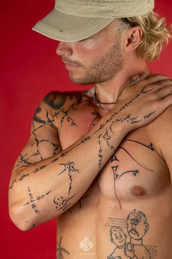 Full Hand & Chest Asemic Tattoo