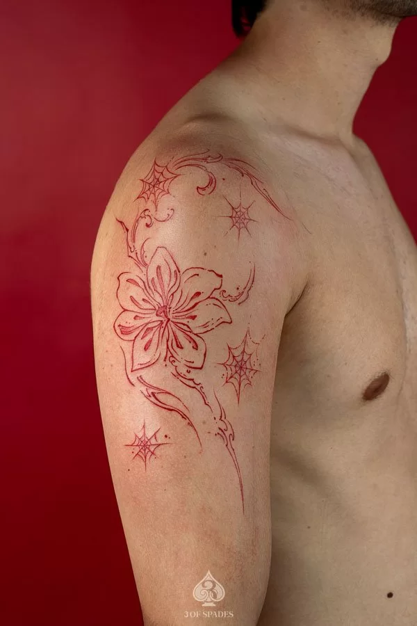 Red Fine Line Flower Tattoo | 3 of Spades Hanoi