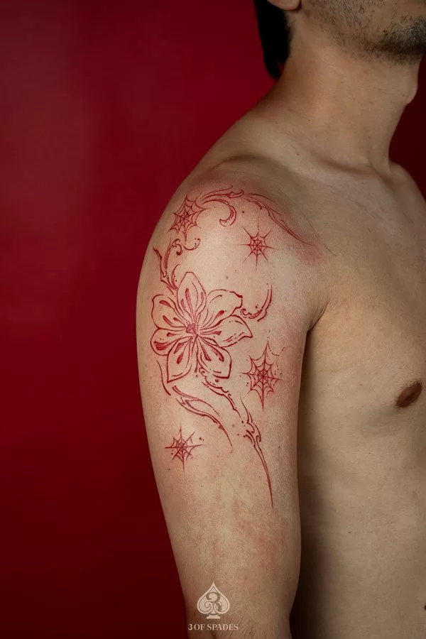 Red Fine Line Flower Tattoo | 3 of Spades Hanoi