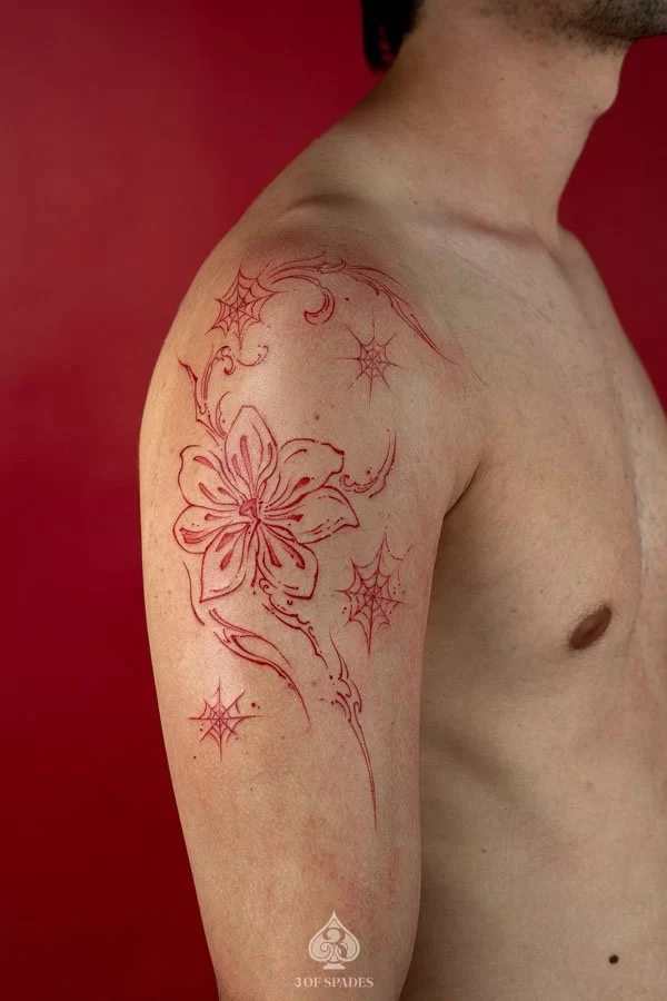 Red Fine Line Flower Tattoo | 3 of Spades Hanoi