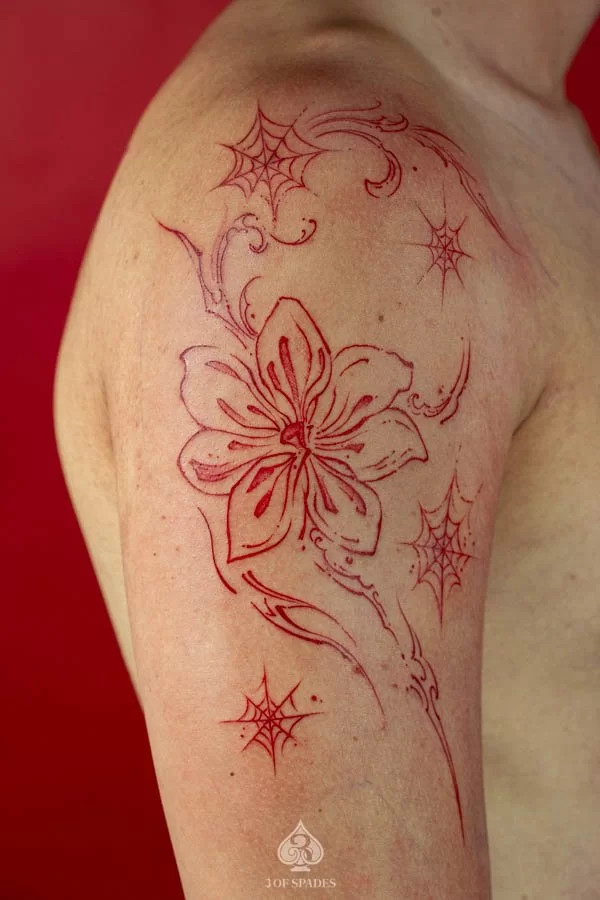 Red Fine Line Flower Tattoo | 3 of Spades Hanoi