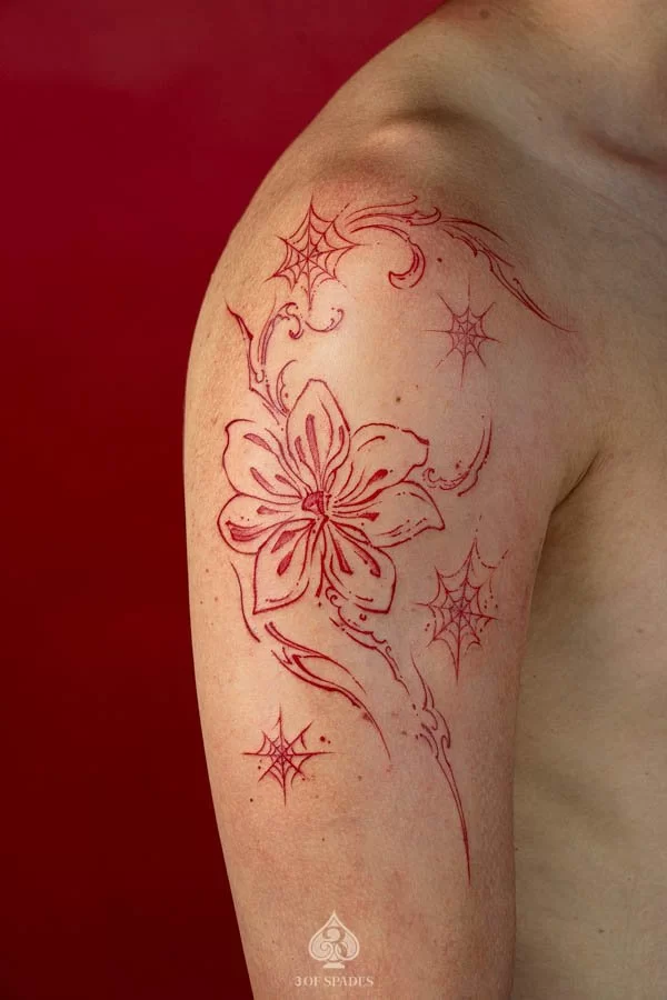 Red Fine Line Flower Tattoo | 3 of Spades Hanoi