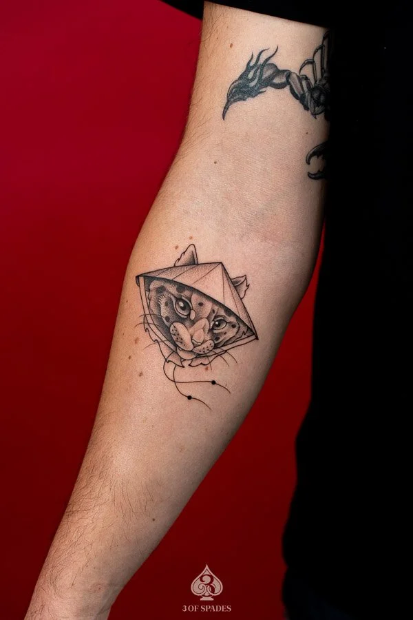 Vietnam Inspired Cat & Monkey Tattoo concept featuring playful cat and monkey characters with Vietnamese folk-art-inspired details at 3 of Spades Hanoi Tattoo.