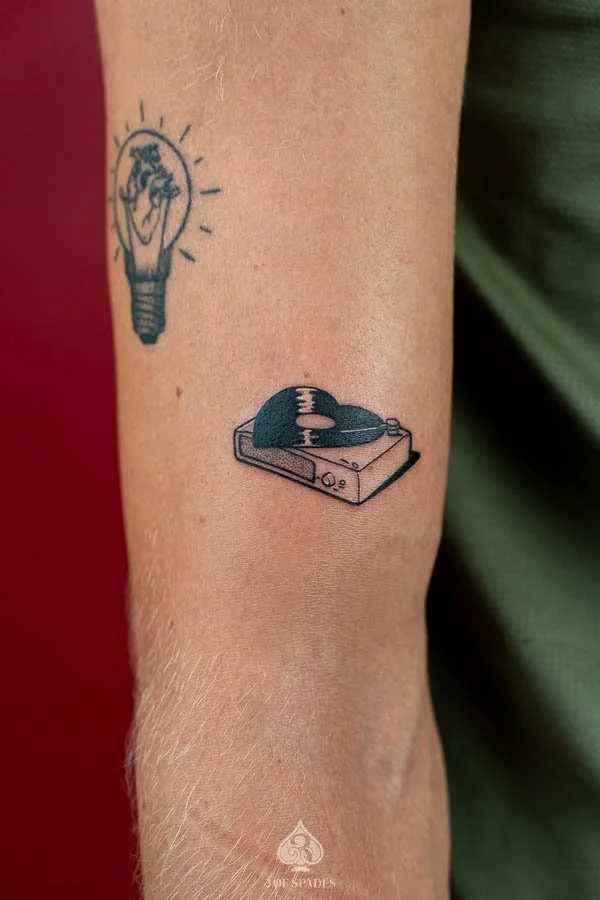 Vinyl Record Player and MP3 Blackwork Tattoo