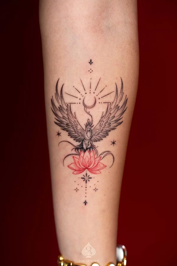 Phoenix and Lotus Fineline Tattoo