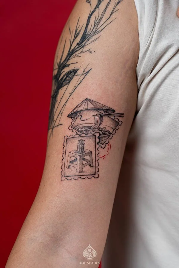 Vietnam Inspired Stamp and Hat Tattoo
