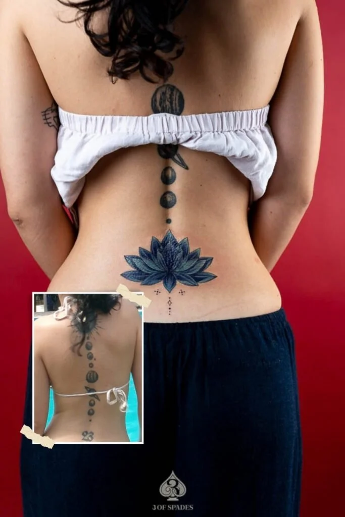 Black Lotus Cover-Up Tattoo featuring layered lotus petals and deep black shading designed to conceal an existing tattoo at 3 of Spades Hanoi Tattoo.