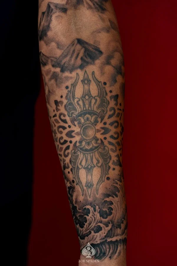 Mandala Lands full sleeve Tattoo | 3 of Spades Hanoi Tattoo