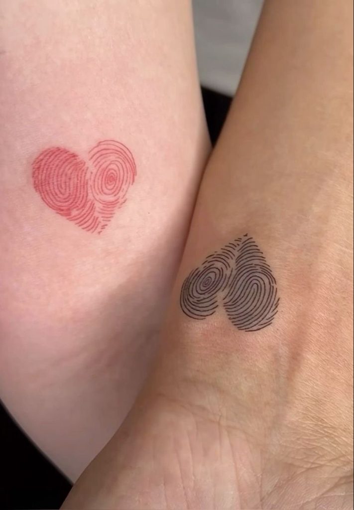 fingerprint heart couple tattoo wrist