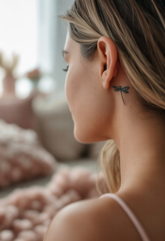 freedom dragonfly behind ear tattoo