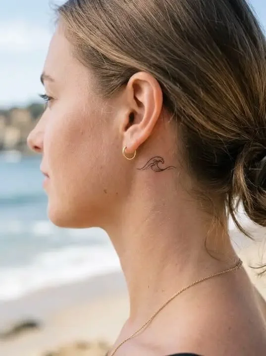 behind ear tattoo wave design