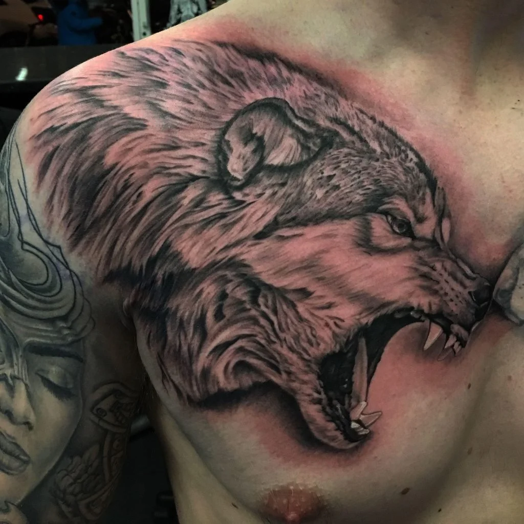 wolf side breast tatoo for men