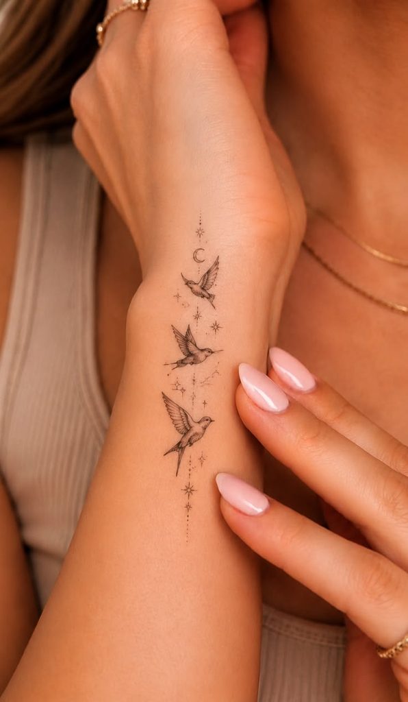 women bird wrist tattoo