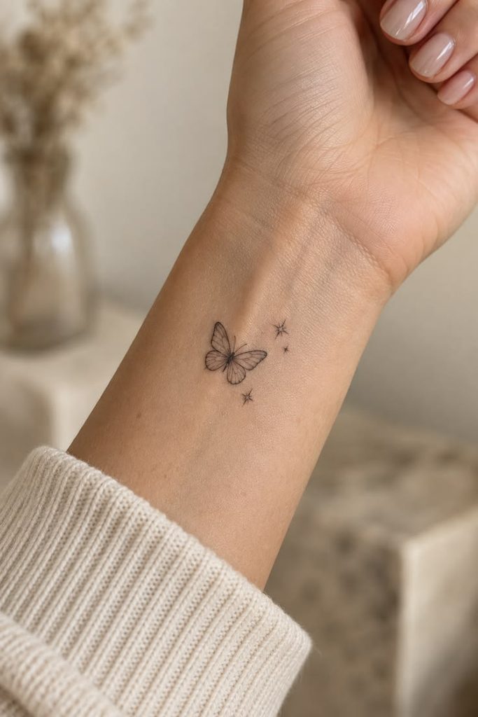 minimal butterfly wrist tattoo