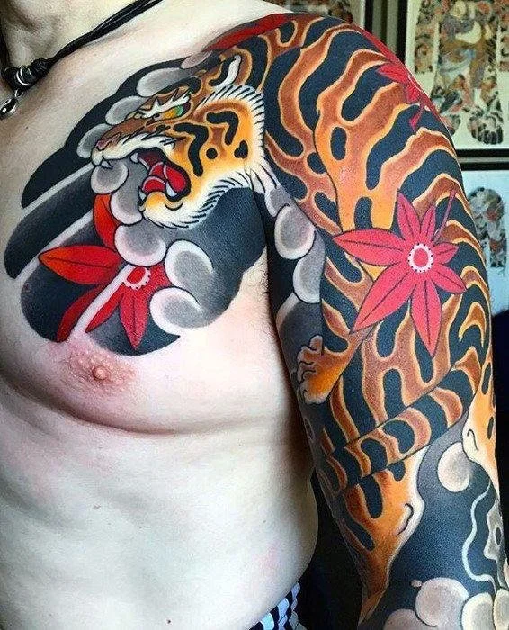 Upper Chest Japanese Tiger Tattoo