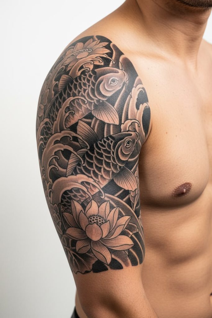 Koi Fish Upperarm Half Sleeve Tattoo