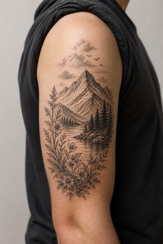 nature scenery half sleeve tattoo