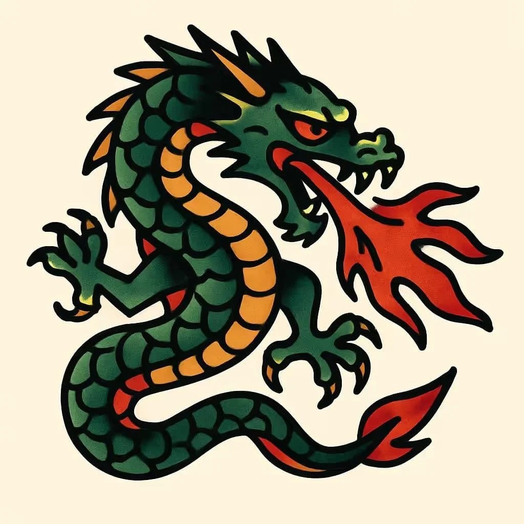 Oldschool Dragon Tattoo | Green dragon tattoo classic