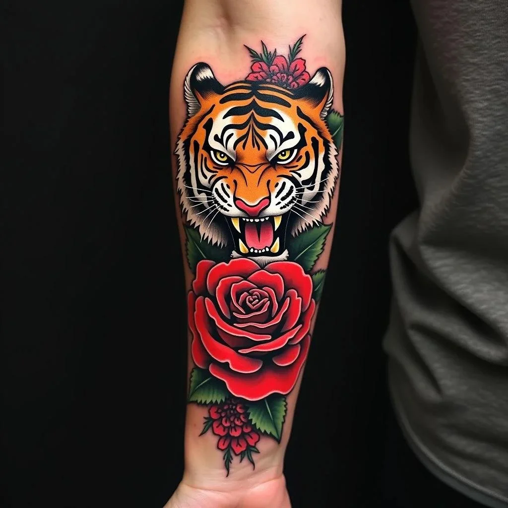 Oldschool Tiger Tattoo 4. Tiger and Rose Tattoo
