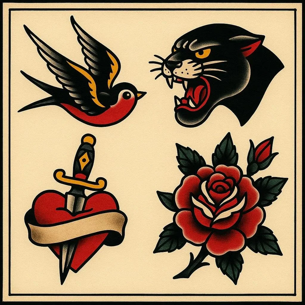 Oldschool Tattoo Art, also called American traditional tattoo art, is a style known for strong outlines, simplified imagery and bold color compositions.