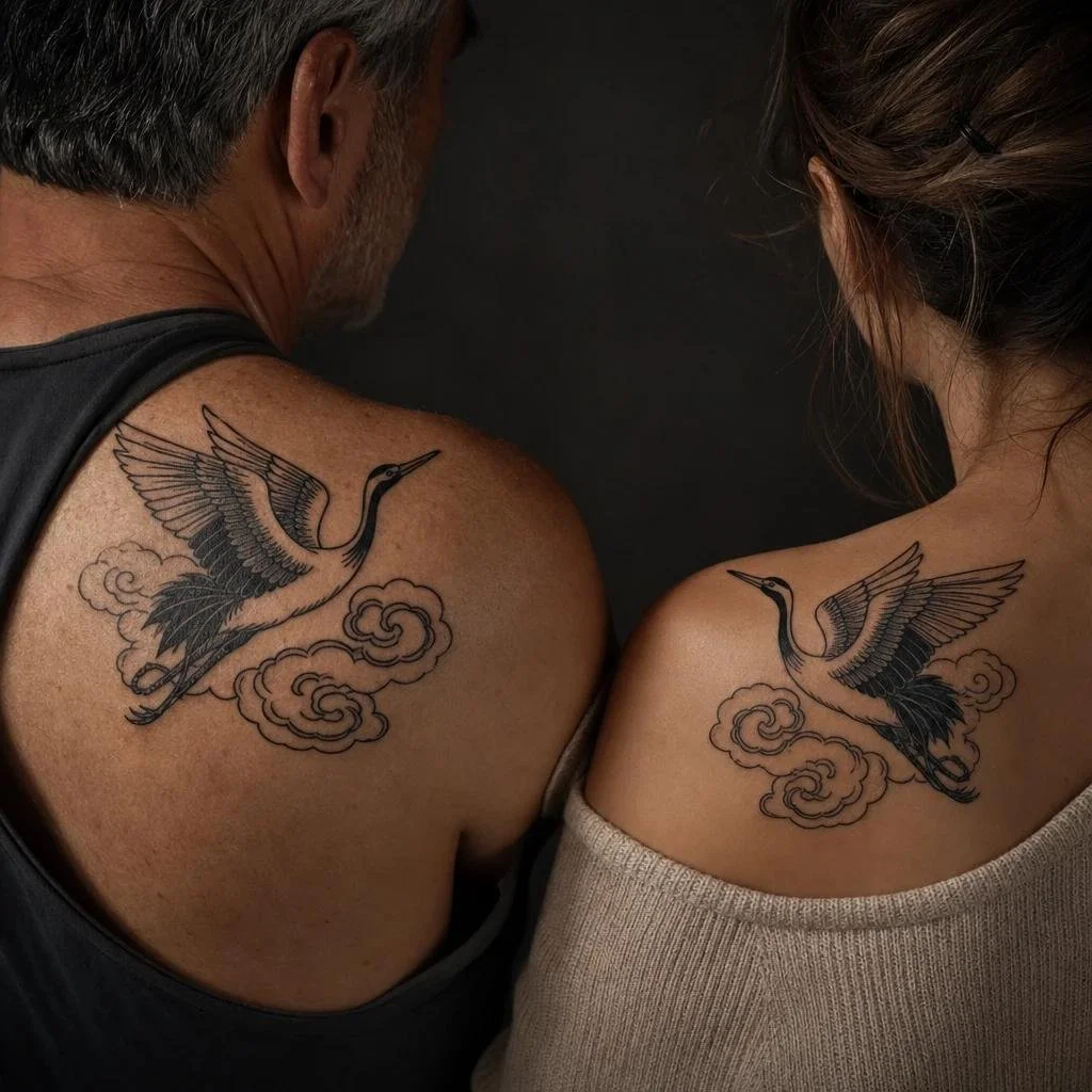 example of couple japanese crane tattoo
