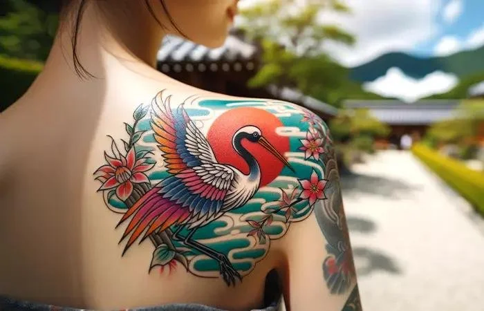 girl with japanese crane tattoo