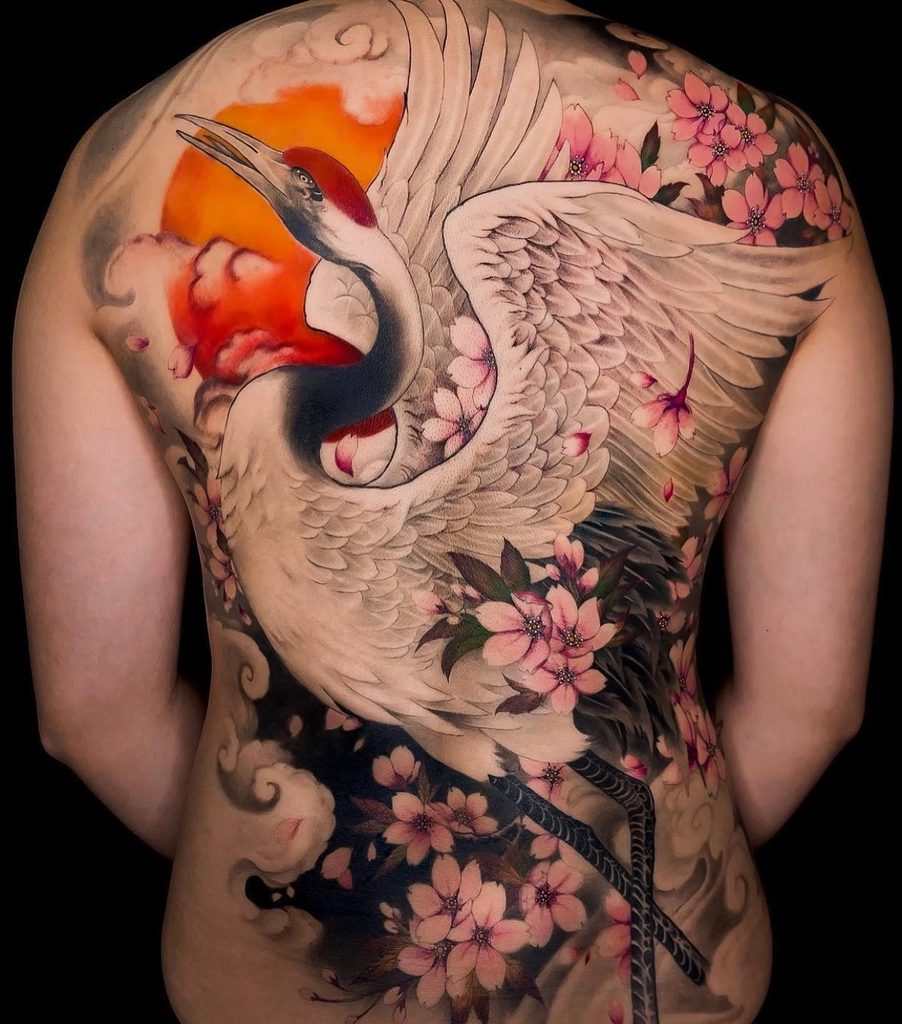 full back japanese crane tattoo