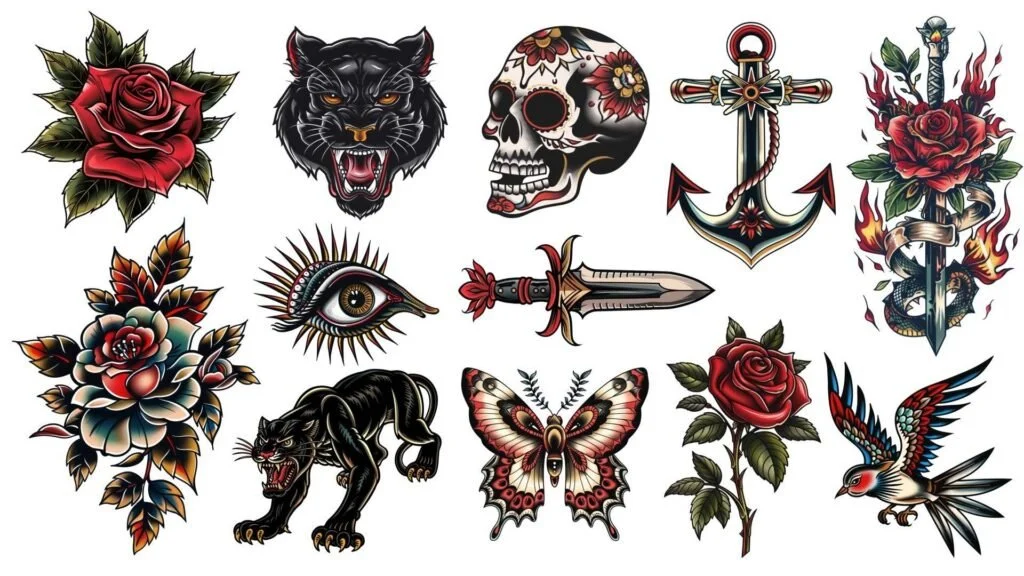 Oldschool Tattoo Art featuring bold traditional roses, eagles, swallows and panthers in classic red, green and yellow